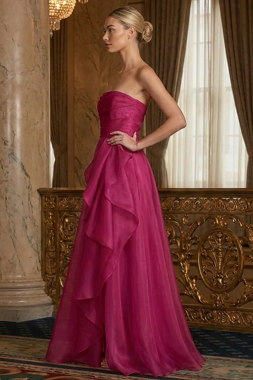 Elegant A-Line Strapless Ruched Bodice Ruffled Organza Fuchsia Floor-Length Prom Dress