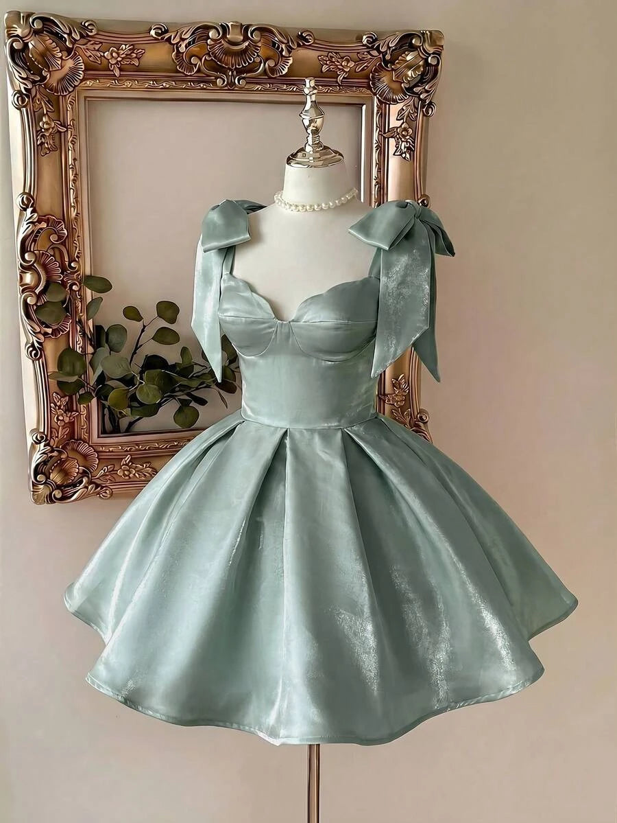 Elegant A-Line Sweetheart Bow-Strap Pleated Mint Short Homecoming Dress
