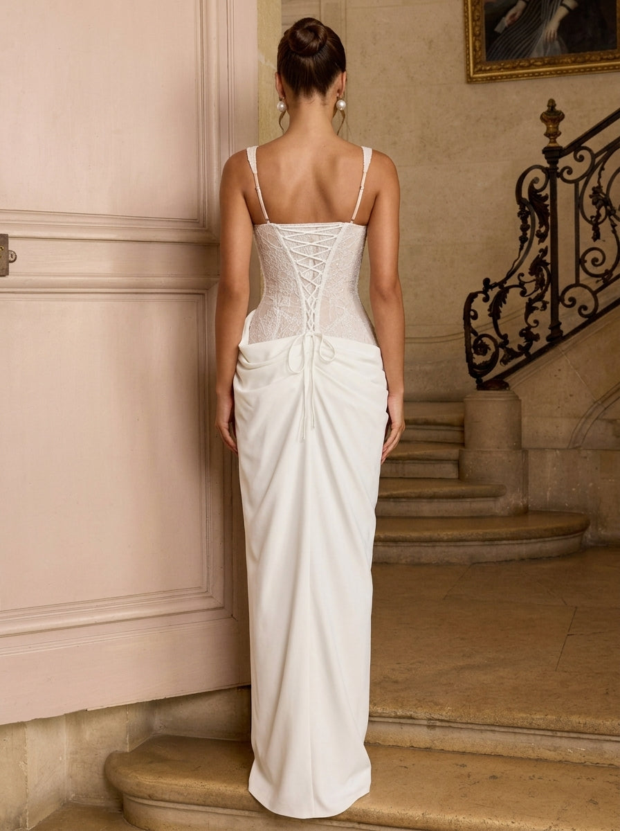 Elegant A-Line Sweetheart Corset Draped Floral Lace Ivory Floor-Length Prom Dress