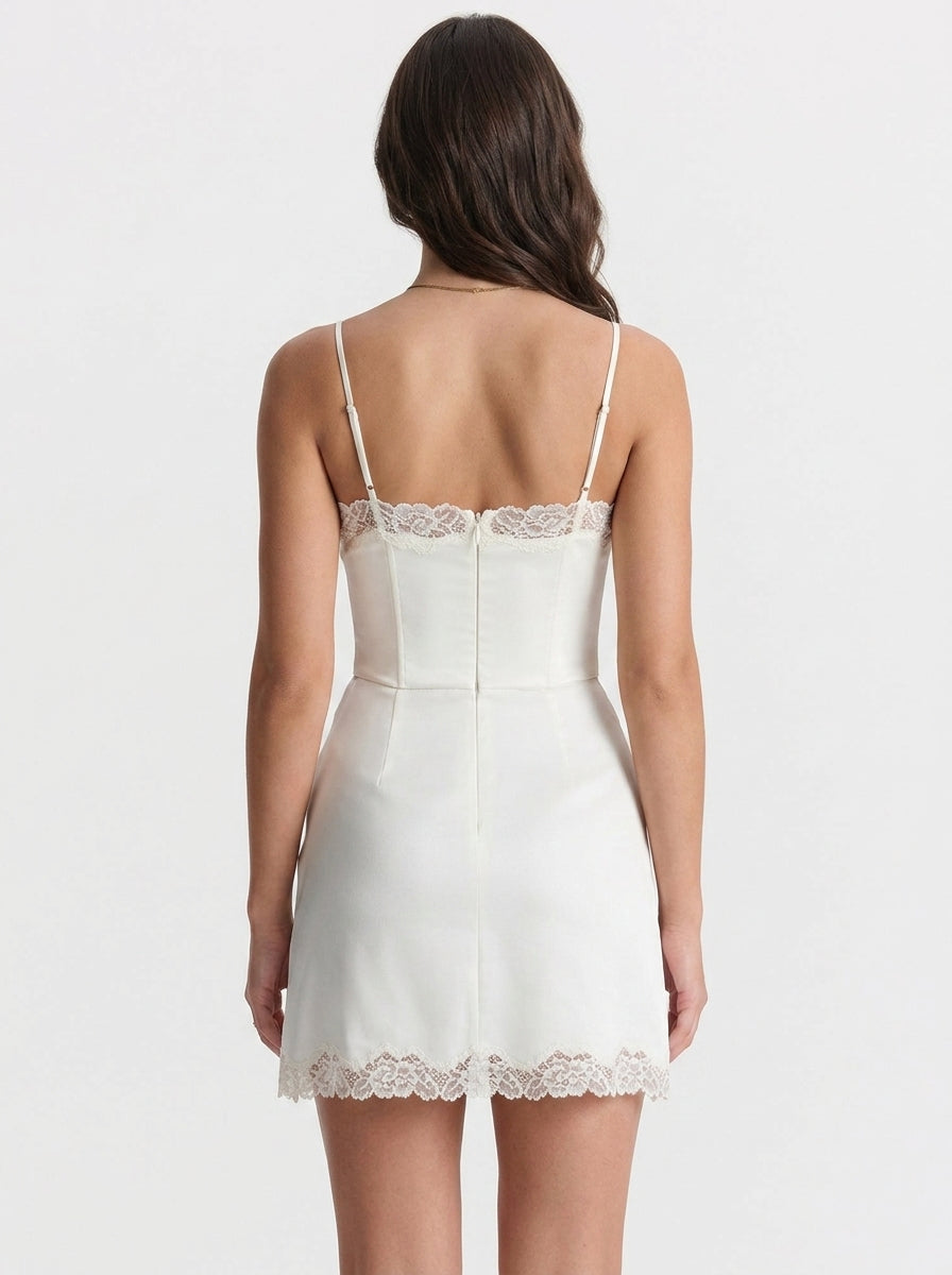 Elegant A-Line Sweetheart Corset Lace-Up Lace Trim Ivory Mini Homecoming Dresses