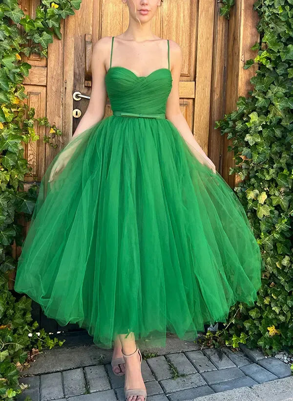 Elegant A-Line Sweetheart Draped Tulle Green Tea-Length Homecoming Dresses