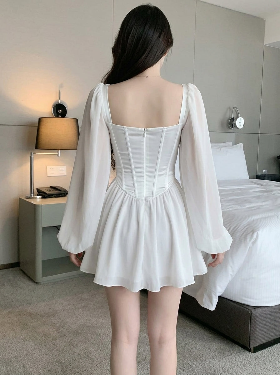 Elegant A-Line Sweetheart Long Puff Sleeves Corset White Short Homecoming Dress