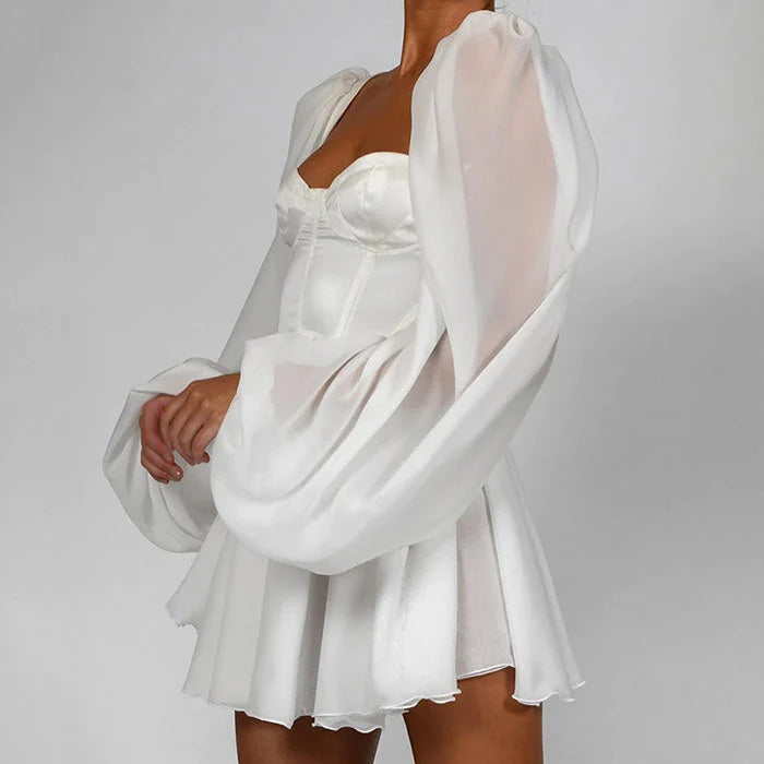 Elegant A-Line Sweetheart Long Puff Sleeves Corset White Short Homecoming Dress