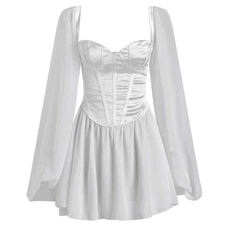 Elegant A-Line Sweetheart Long Puff Sleeves Corset White Short Homecoming Dress