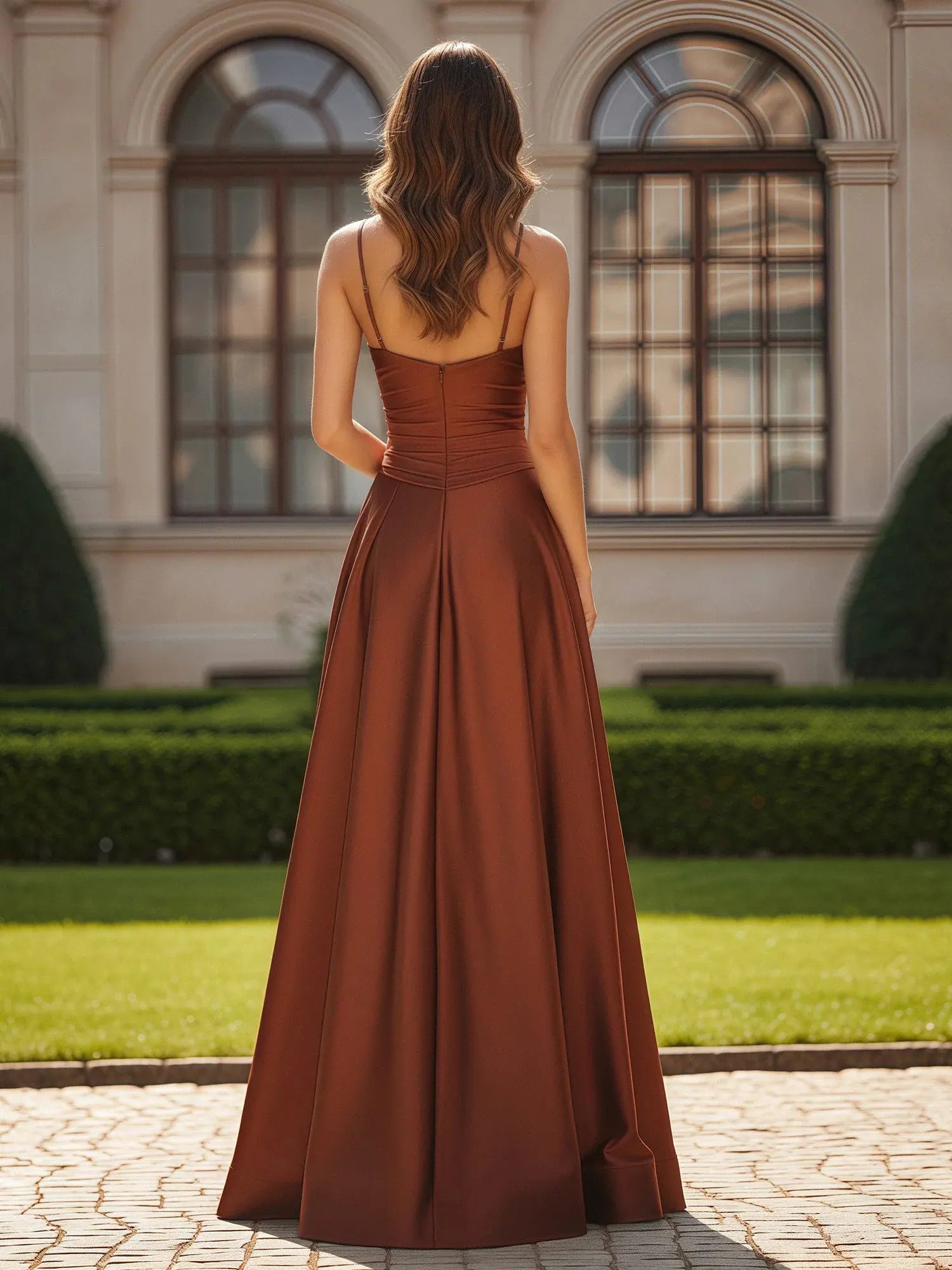 Elegant A-Line Sweetheart Ruched High Slit Chocolate Floor-Length Prom Dress