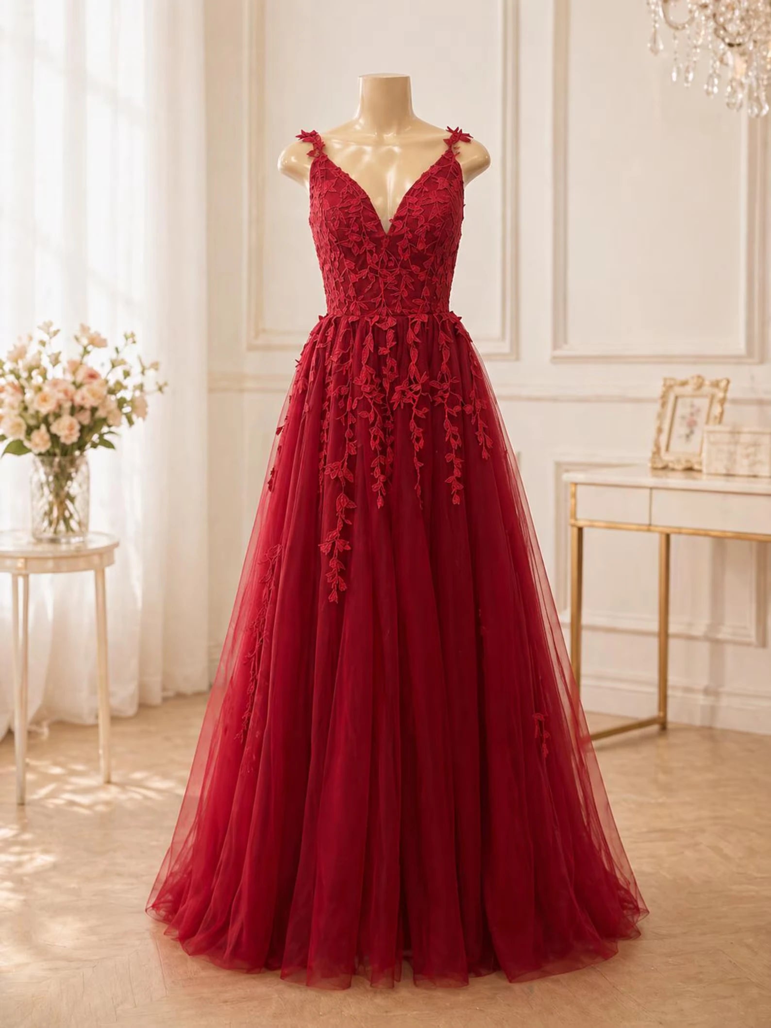 Elegant A-Line V-Neck Appliqued Lace Tulle Red Floor-Length Prom Dresses