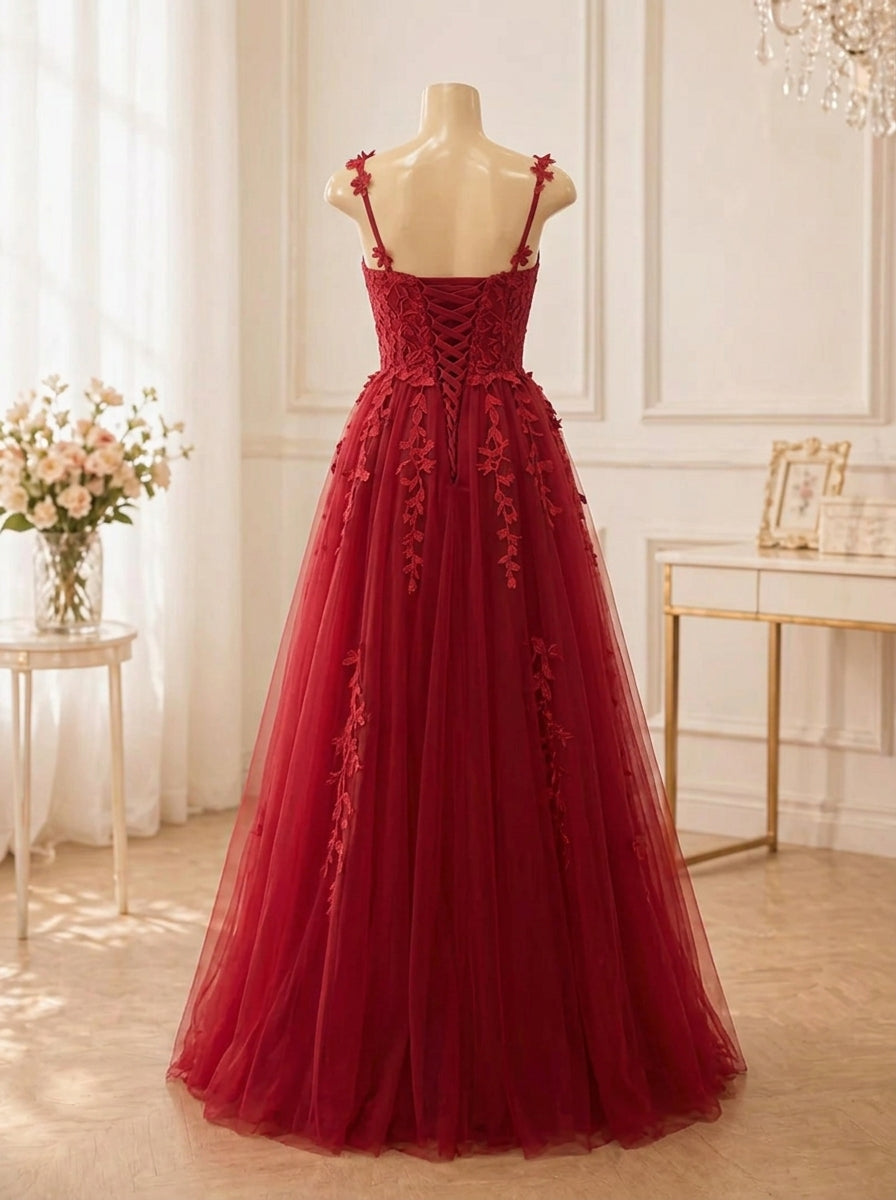 Elegant A-Line V-Neck Appliqued Lace Tulle Red Floor-Length Prom Dresses