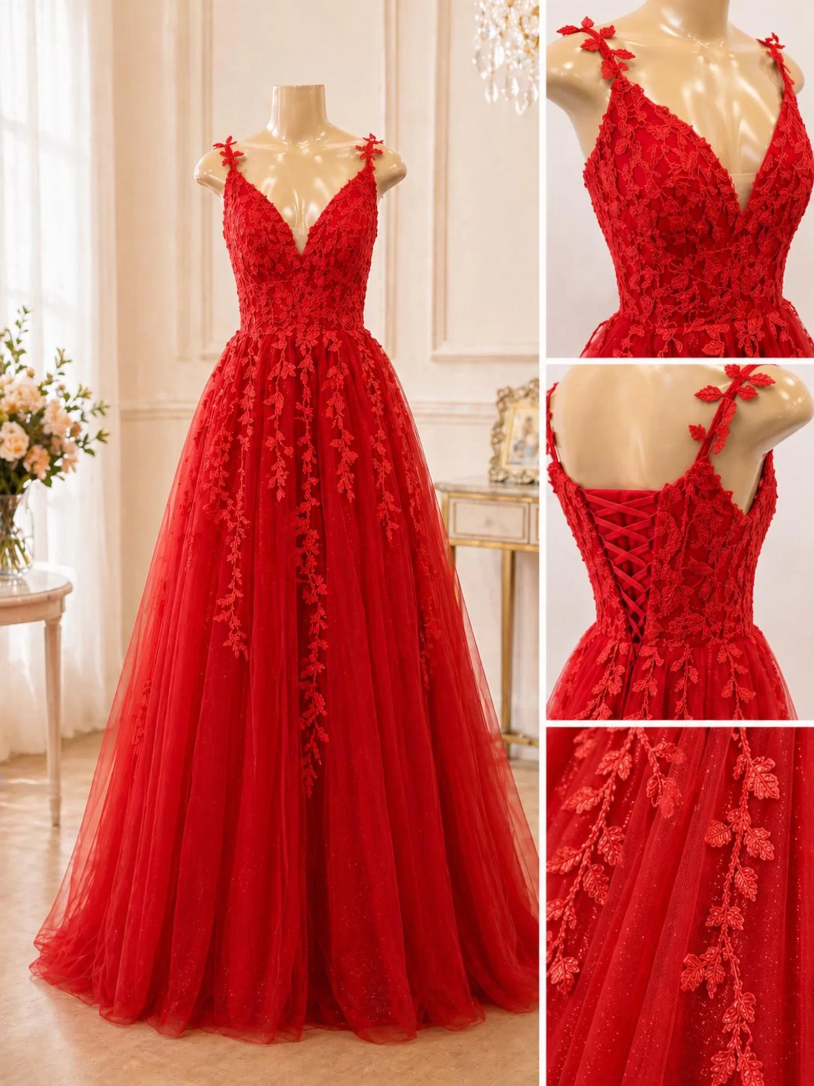 Elegant A-Line V-Neck Appliqued Lace Tulle Red Floor-Length Prom Dresses