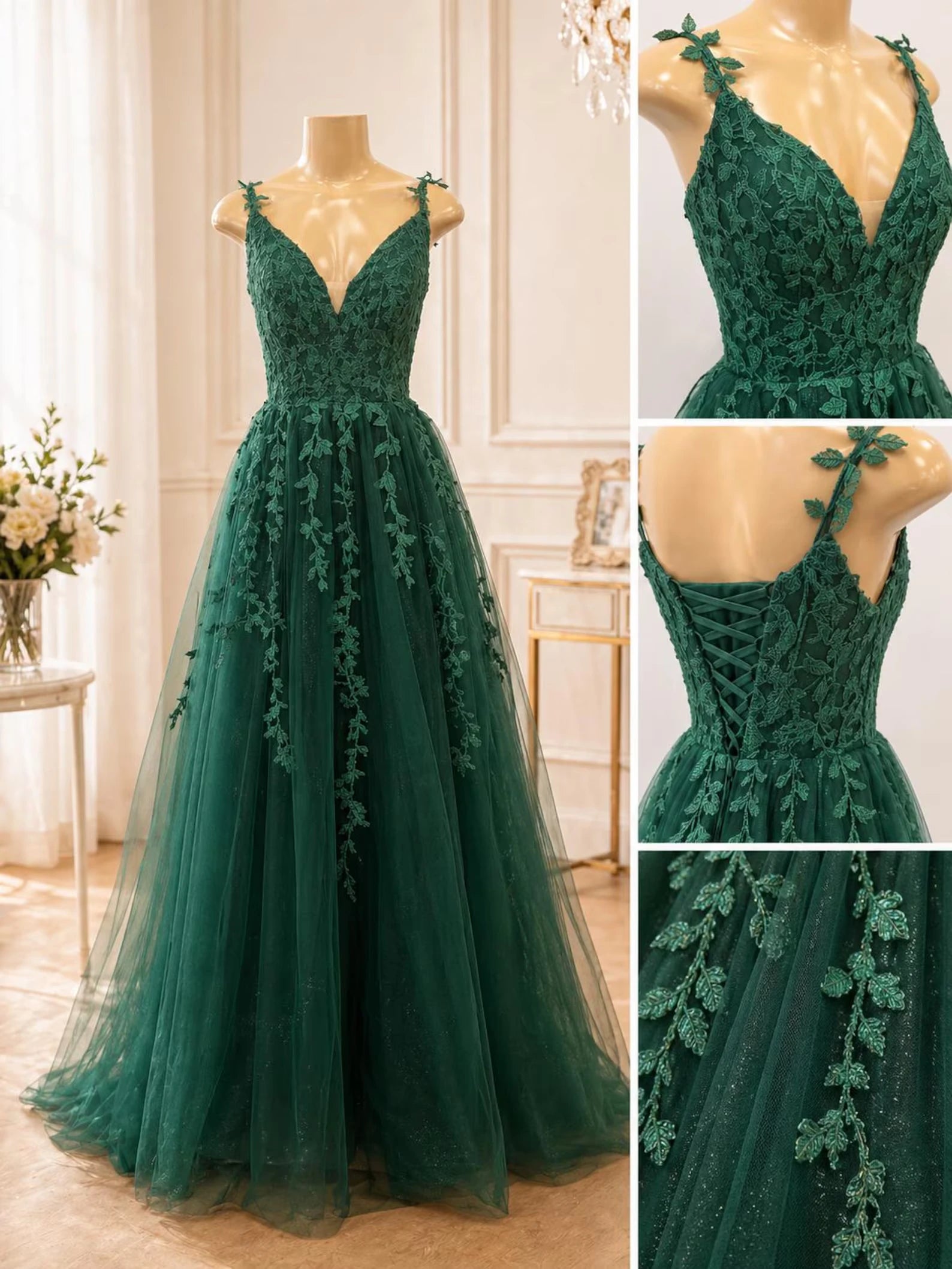 Elegant A-Line V-Neck Appliqued Lace Tulle Red Floor-Length Prom Dresses