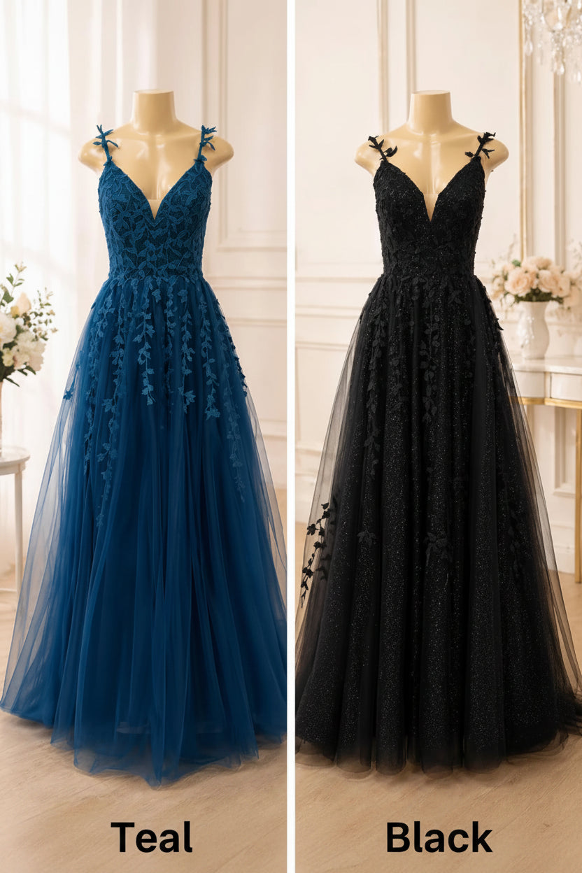 Elegant A-Line V-Neck Appliqued Lace Tulle Red Floor-Length Prom Dresses
