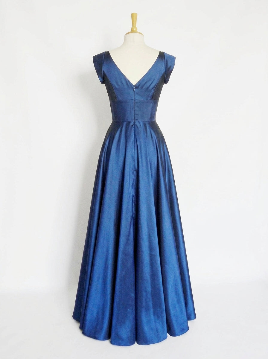 Elegant A-Line V-Neck Cap-Sleeve Taffeta Royal Blue Floor-Length Prom Dress