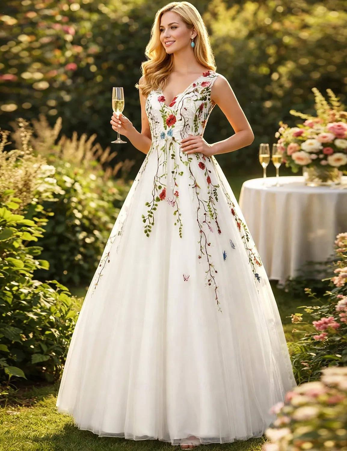 Elegant A-Line V-Neck Embroidered Lace Tulle White Floor-Length Prom Dress