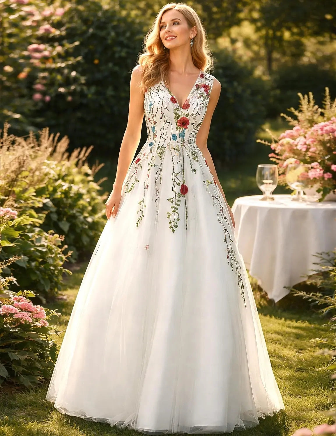 Elegant A-Line V-Neck Embroidered Lace Tulle White Floor-Length Prom Dress