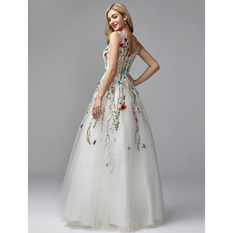 Elegant A-Line V-Neck Embroidered Lace Tulle White Floor-Length Prom Dress