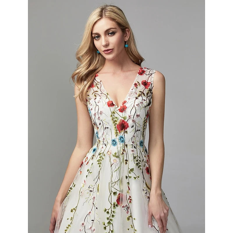 Elegant A-Line V-Neck Embroidered Lace Tulle White Floor-Length Prom Dress