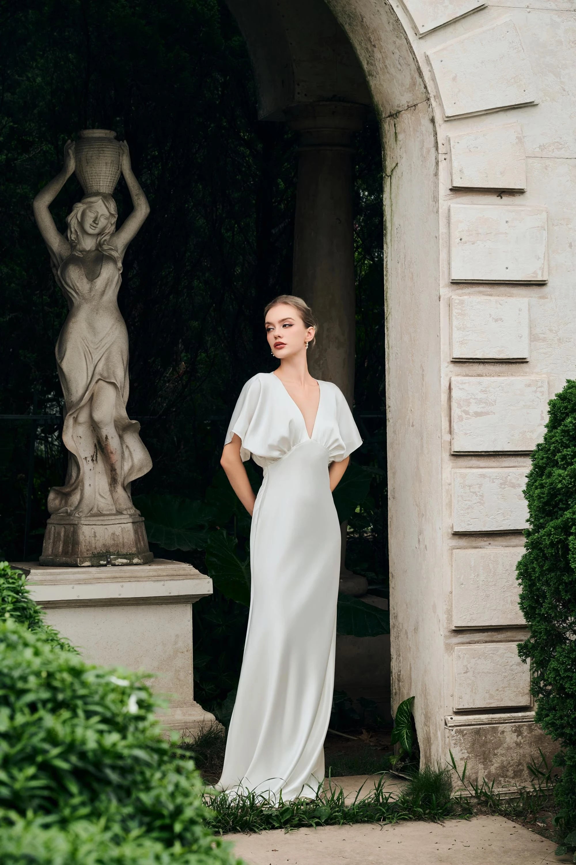 Elegant A-Line V-Neck Flutter Sleeve Graceful Ivory Floor-Length Prom Dress