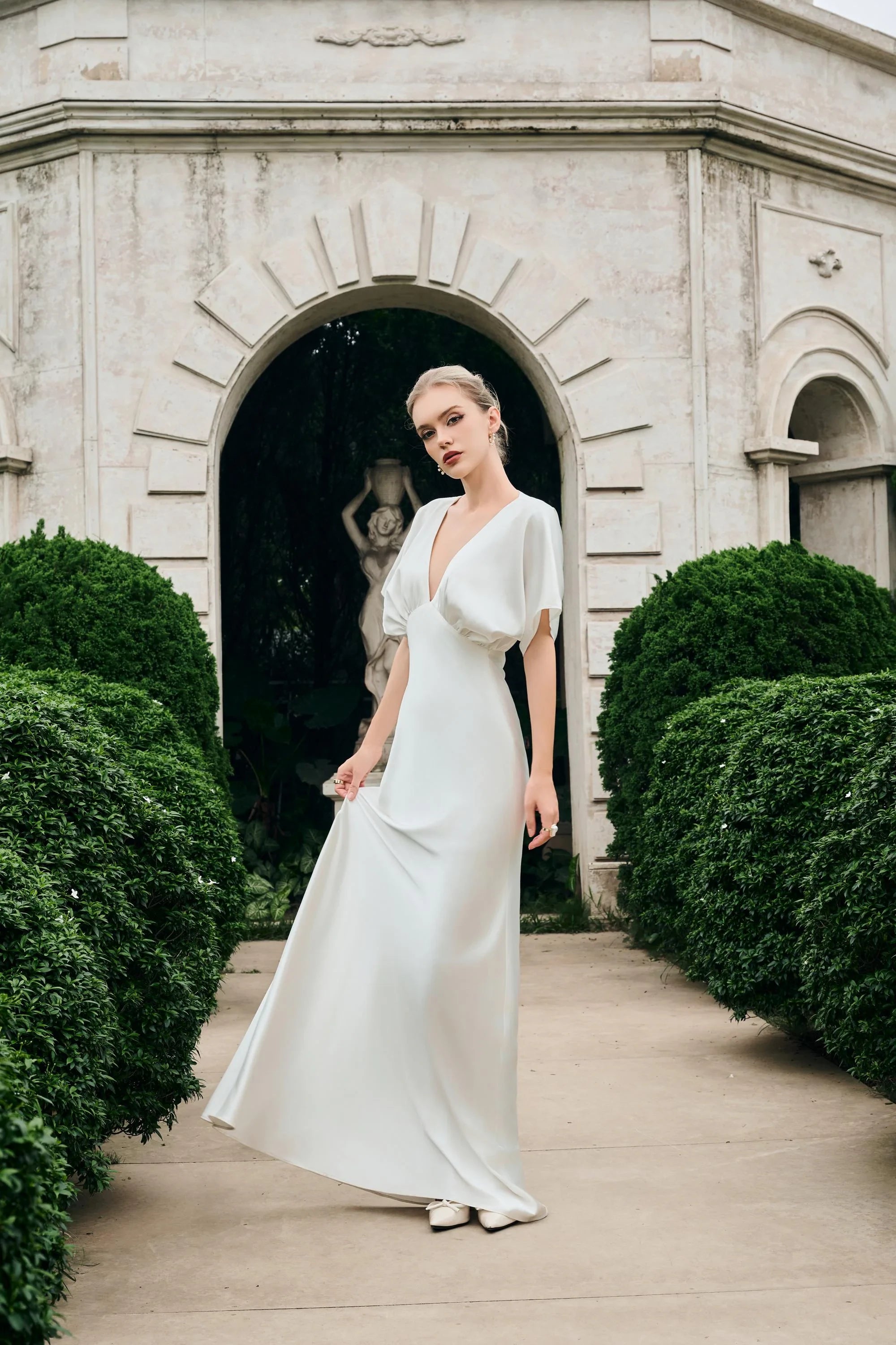 Elegant A-Line V-Neck Flutter Sleeve Graceful Ivory Floor-Length Prom Dress
