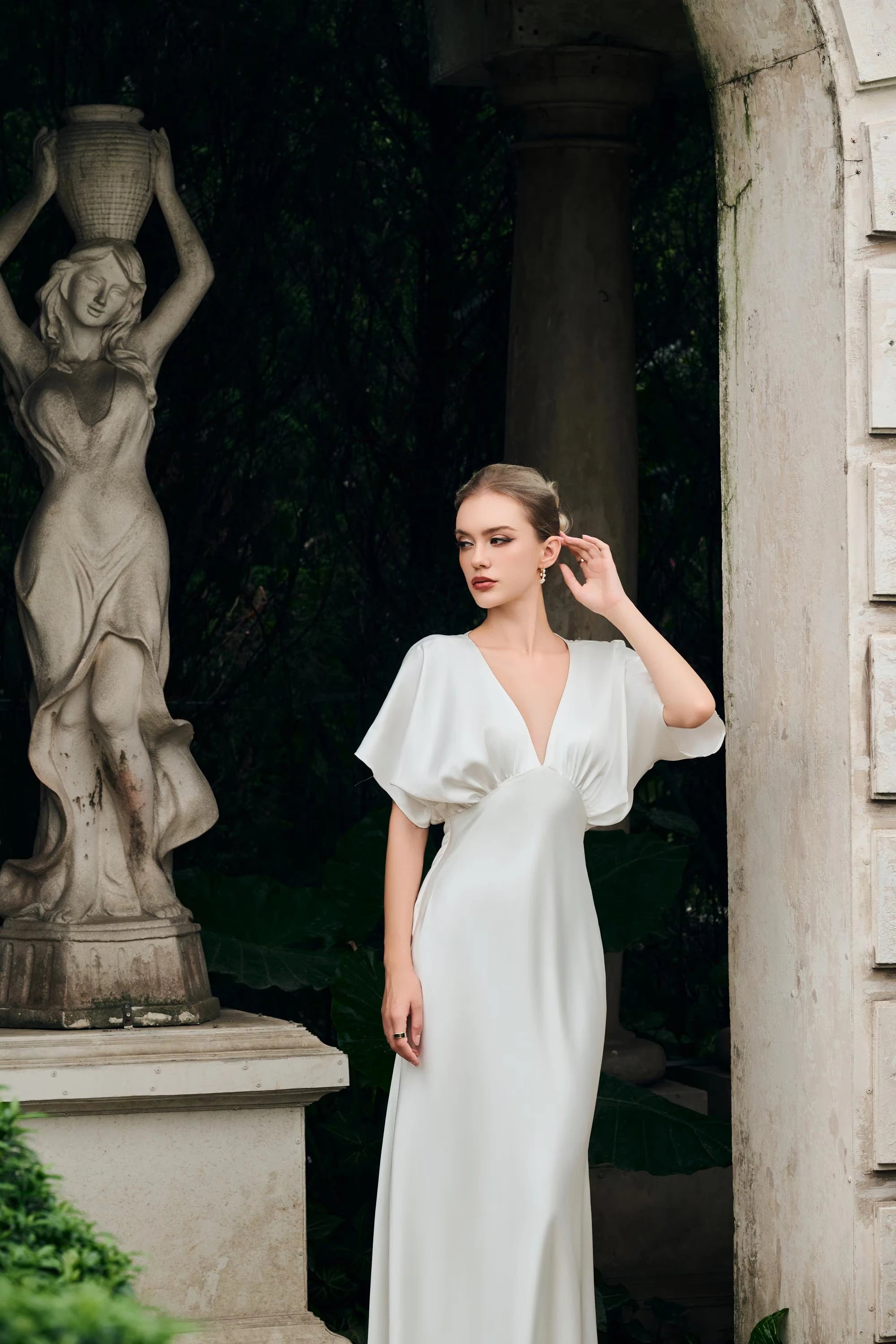 Elegant A-Line V-Neck Flutter Sleeve Graceful Ivory Floor-Length Prom Dress
