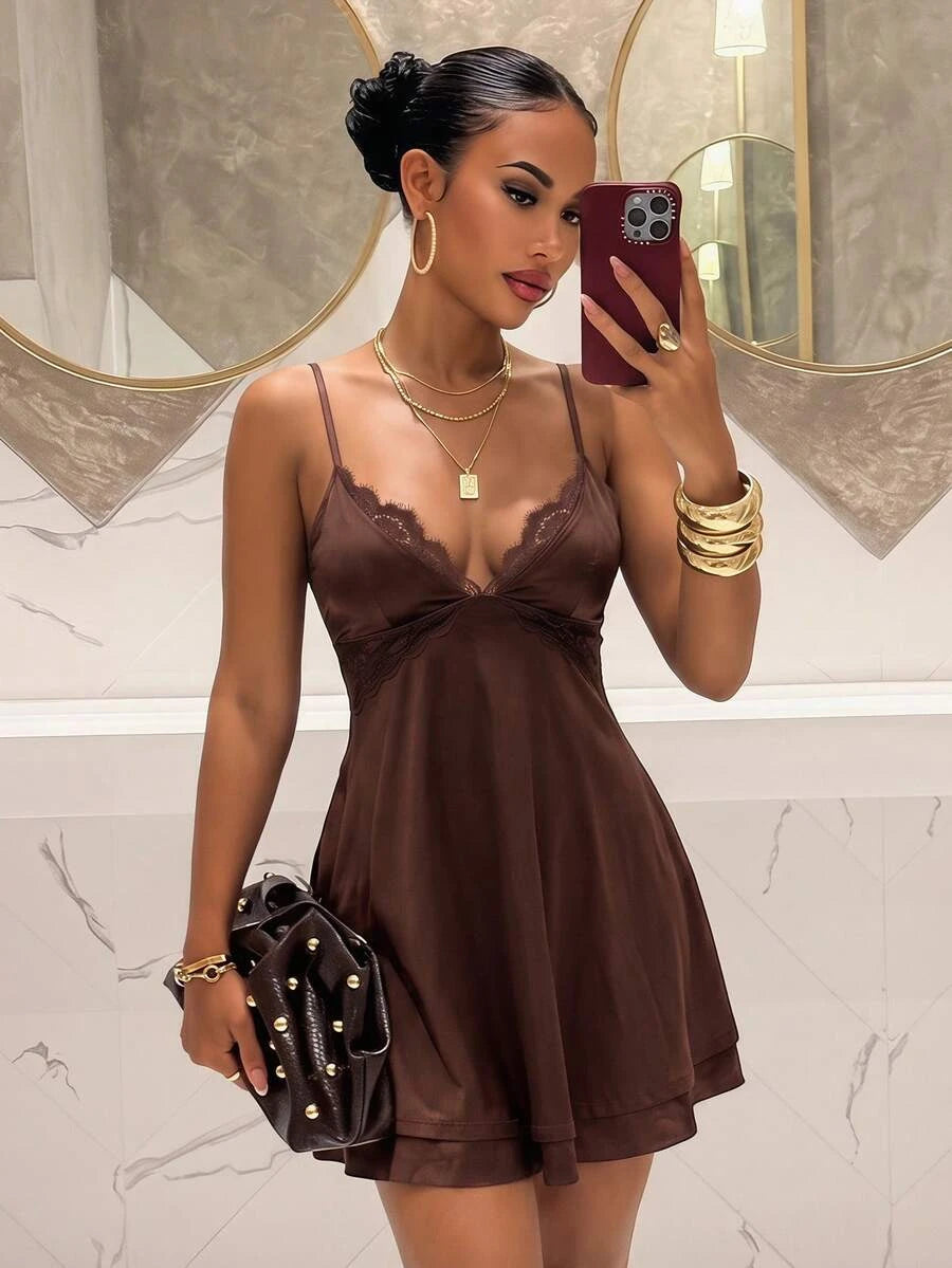 Elegant A-Line V-Neck Lace Trim Tiered Satin Brown Short Homecoming Dress