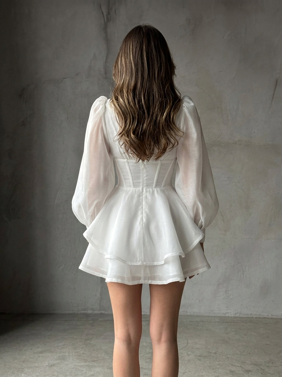 Elegant A-Line V-Neck Long-Sleeve Layers Ruffled White Mini Homecoming Dress