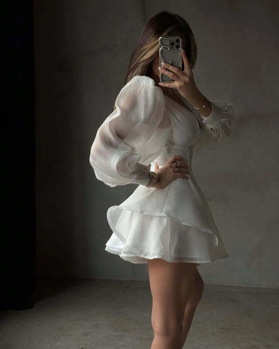 Elegant A-Line V-Neck Long-Sleeve Layers Ruffled White Mini Homecoming Dress