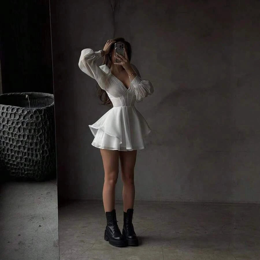 Elegant A-Line V-Neck Long-Sleeve Layers Ruffled White Mini Homecoming Dress