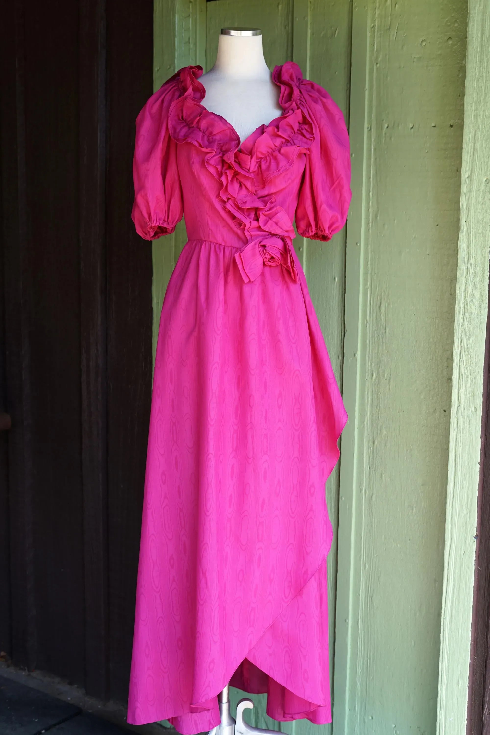 Elegant A-Line V Neck Puff Sleeve Moire Print Ruffle Hot Pink Long Prom Dress (2)