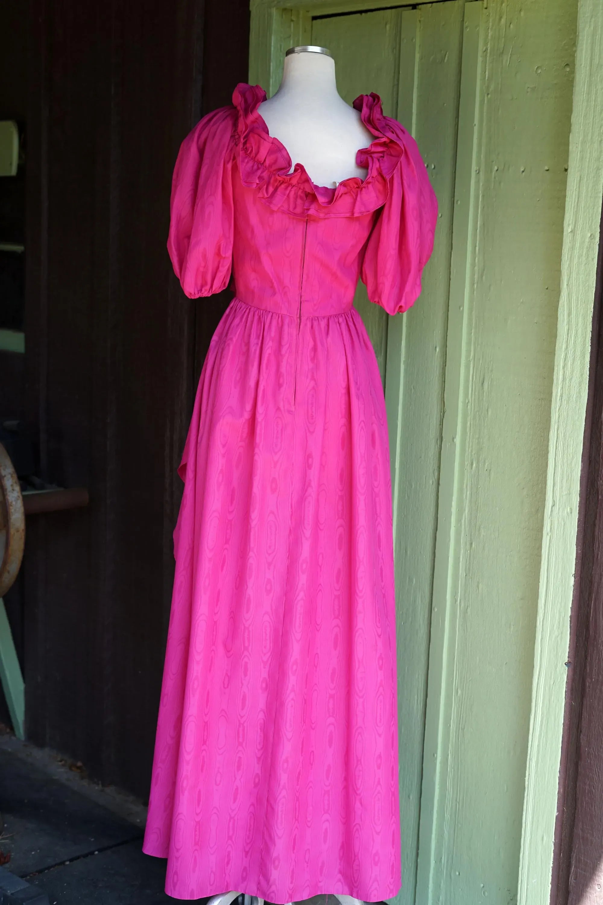 Elegant A-Line V Neck Puff Sleeve Moire Print Ruffle Hot Pink Long Prom Dress (1)