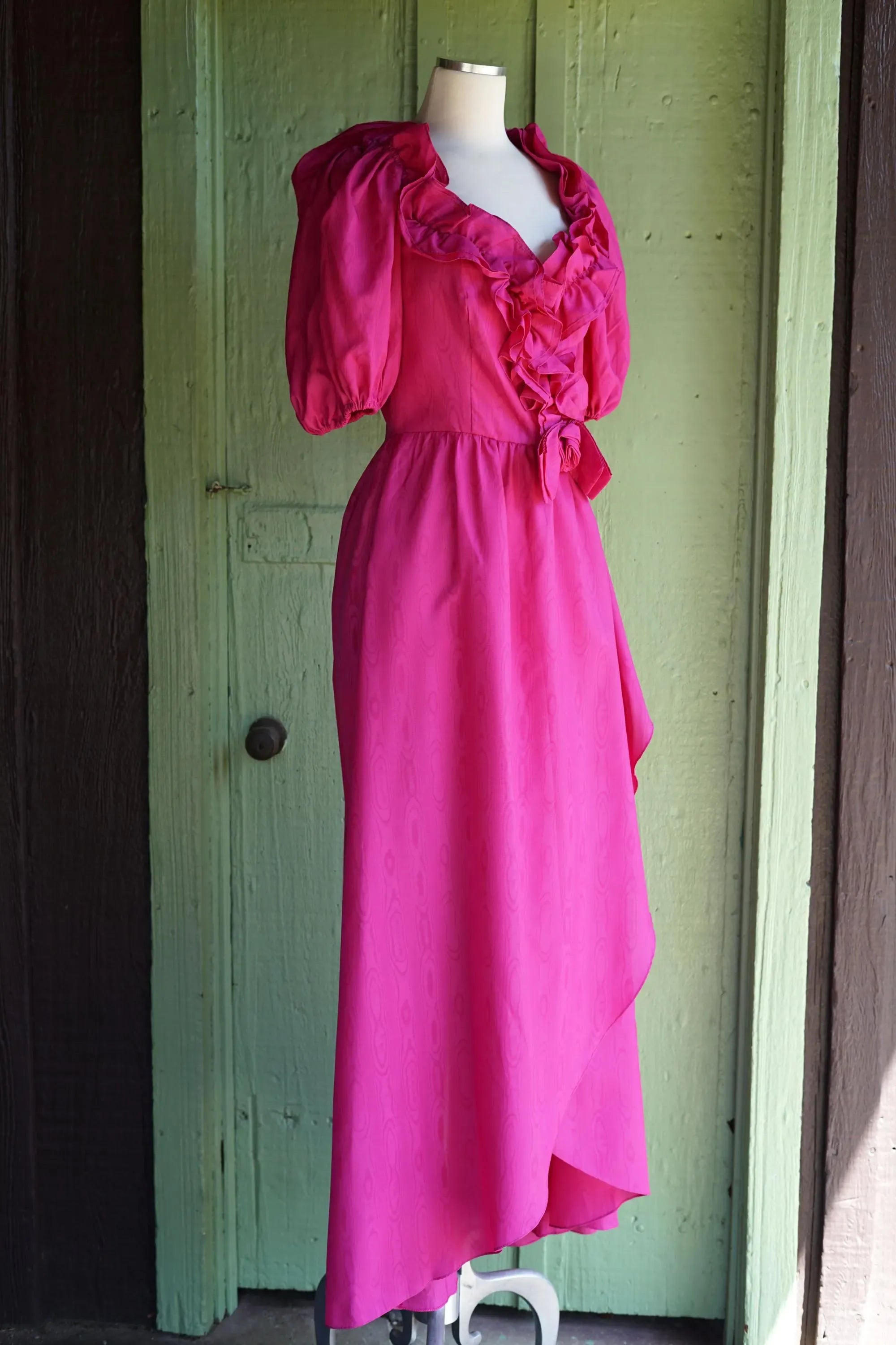 Elegant A-Line V Neck Puff Sleeve Moire Print Ruffle Hot Pink Long Prom Dress (4)