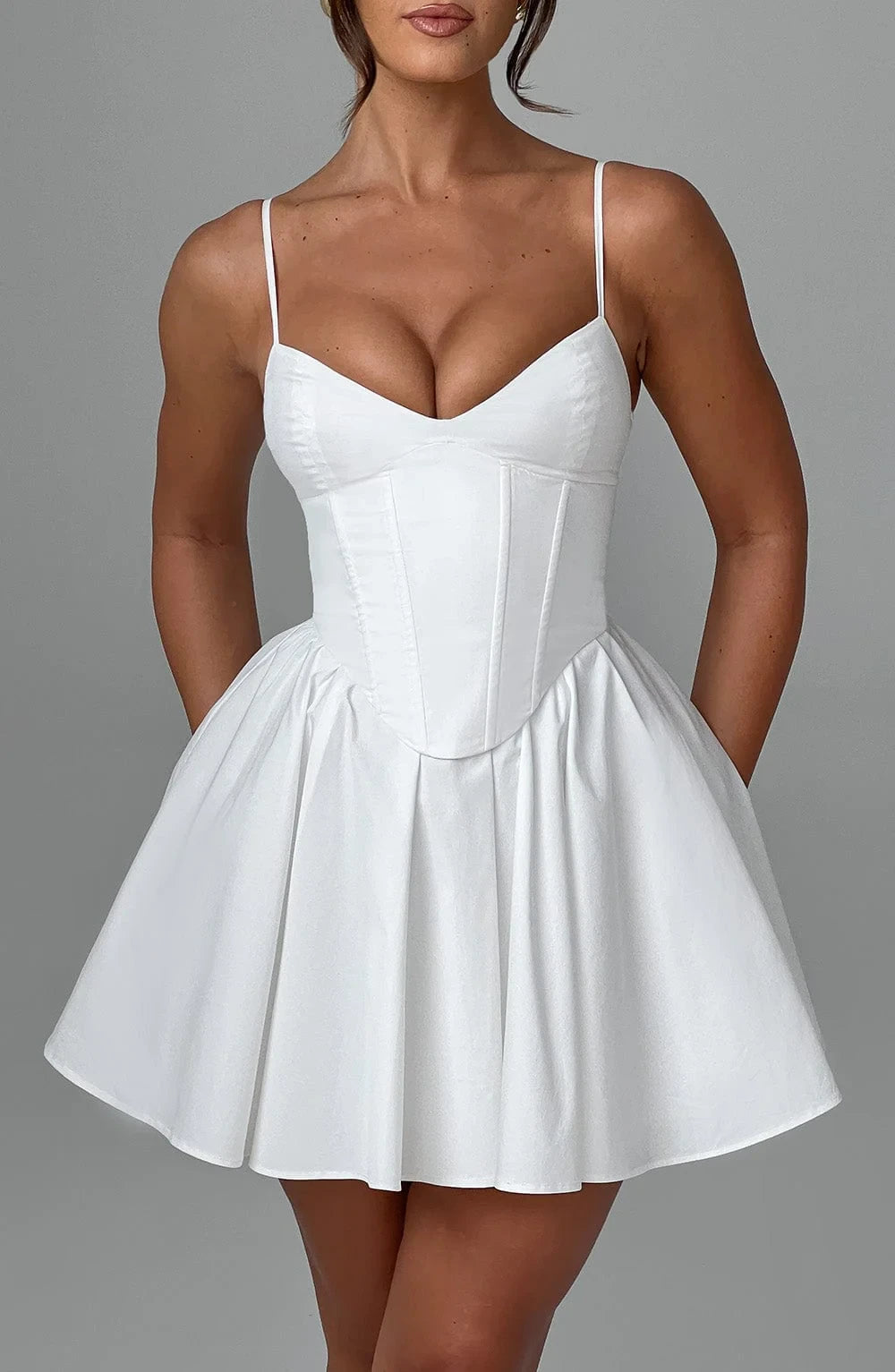 Elegant A-Line V Neck Corset White Mini Homecoming Dress With Lace Up Back
