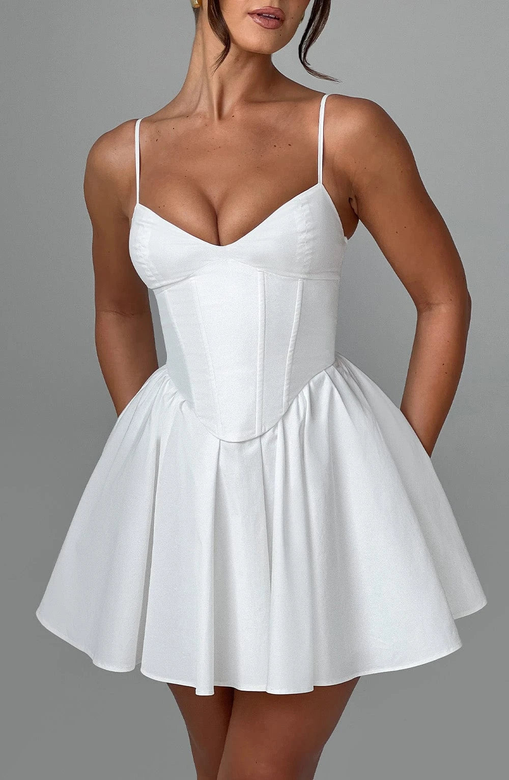 Elegant A-Line V Neck Corset White Mini Homecoming Dress With Lace Up Back