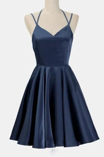 Elegant A-Line V Neck Pleated Tie Navy Blue Short Homecoming Dresses