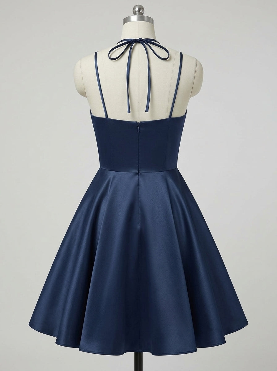 Elegant A-Line V Neck Pleated Tie Navy Blue Short Homecoming Dresses