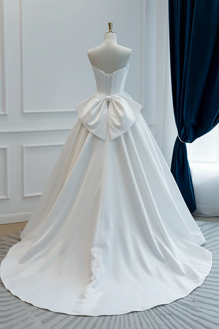 Elegant Ball Gown Strapless Bow-Accent Satin White Floor-Length Wedding Dress