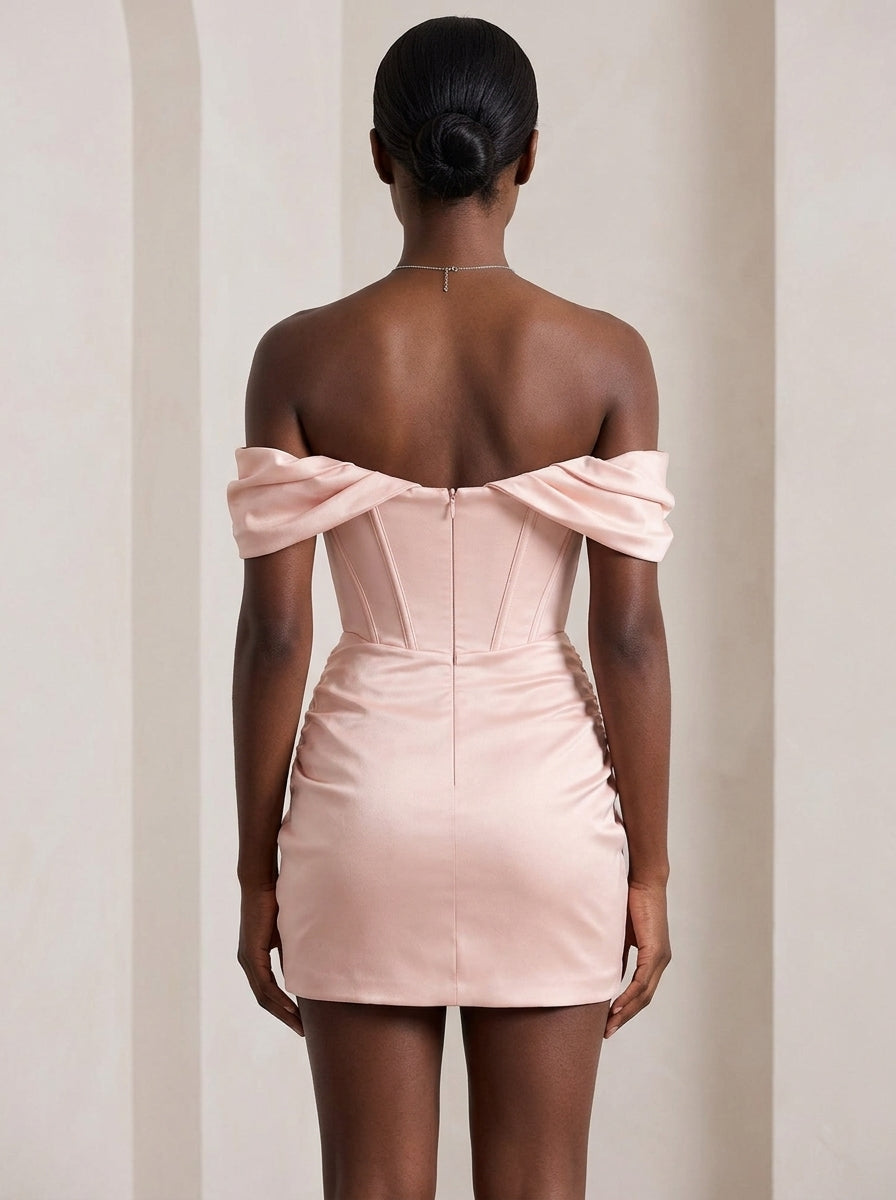 Elegant Bodycon Off-Shoulder Corset Draped Ruched Blush Pink Mini Homecoming Dresses