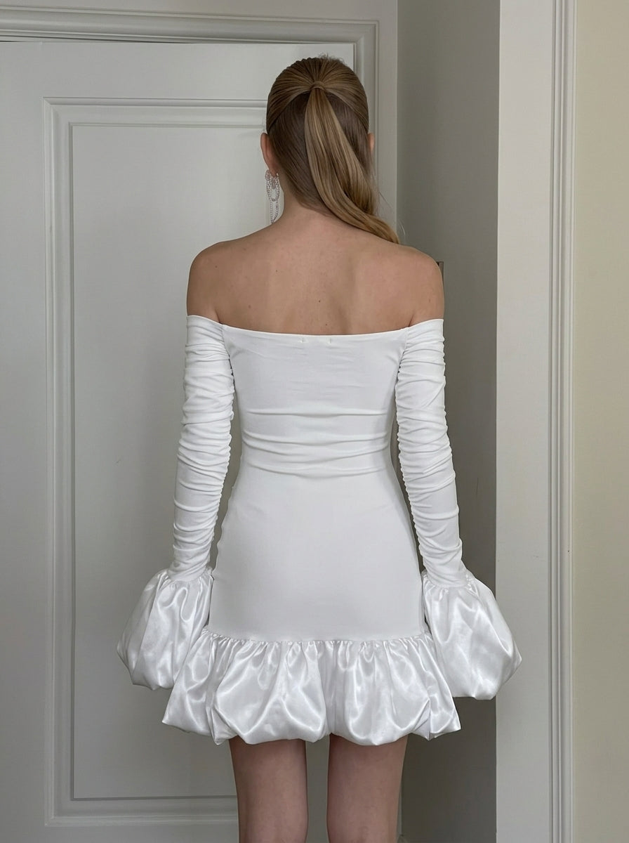 Elegant Bodycon Off-Shoulder Long Sleeve Ruched Ruffle White Mini Homecoming Dresses