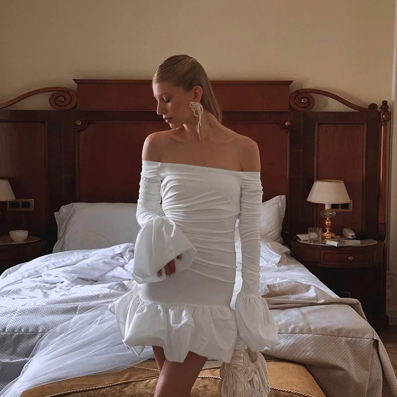 Elegant Bodycon Off-Shoulder Long Sleeve Ruched Ruffle White Mini Homecoming Dresses