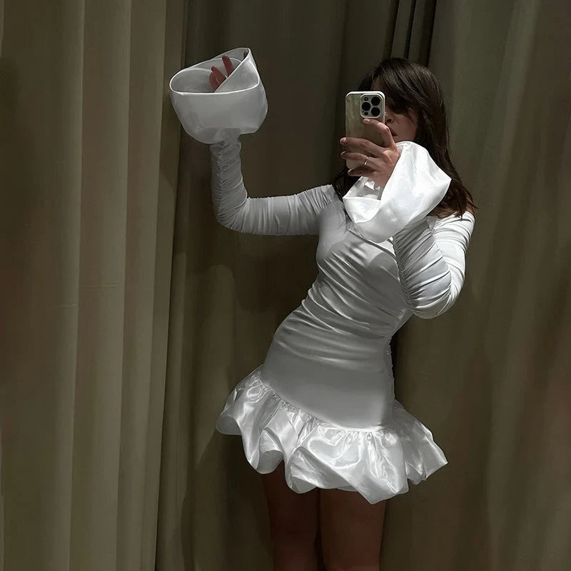 Elegant Bodycon Off-Shoulder Long Sleeve Ruched Ruffle White Mini Homecoming Dresses