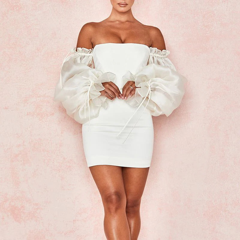 Elegant Bodycon Off-Shoulder Puffy-Sleeve Ruffled White Mini Homecoming Dresses