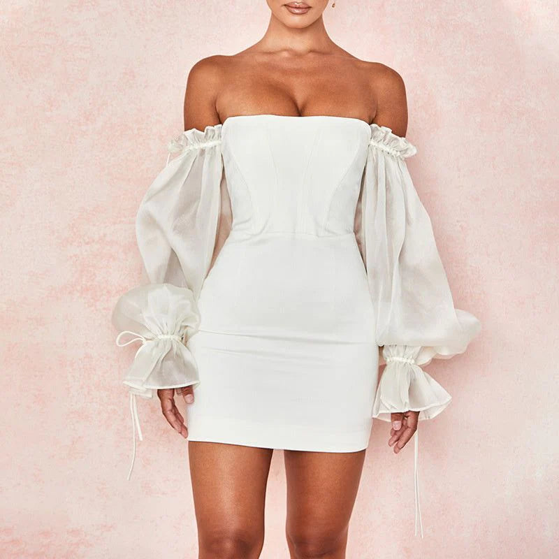 Elegant Bodycon Off-Shoulder Puffy-Sleeve Ruffled White Mini Homecoming Dresses