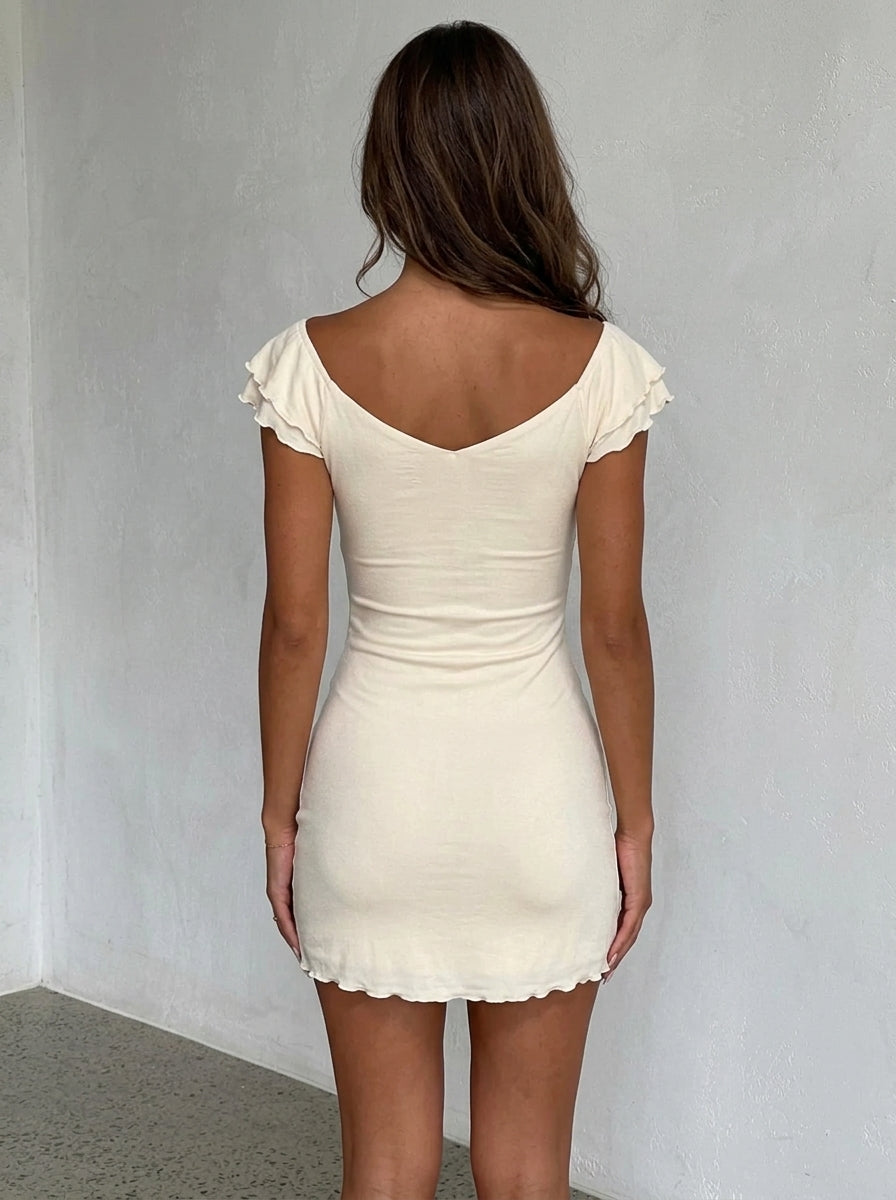 Elegant Bodycon V Neck Ruffled Twisted Cream Mini Homecoming Dress For Ladies