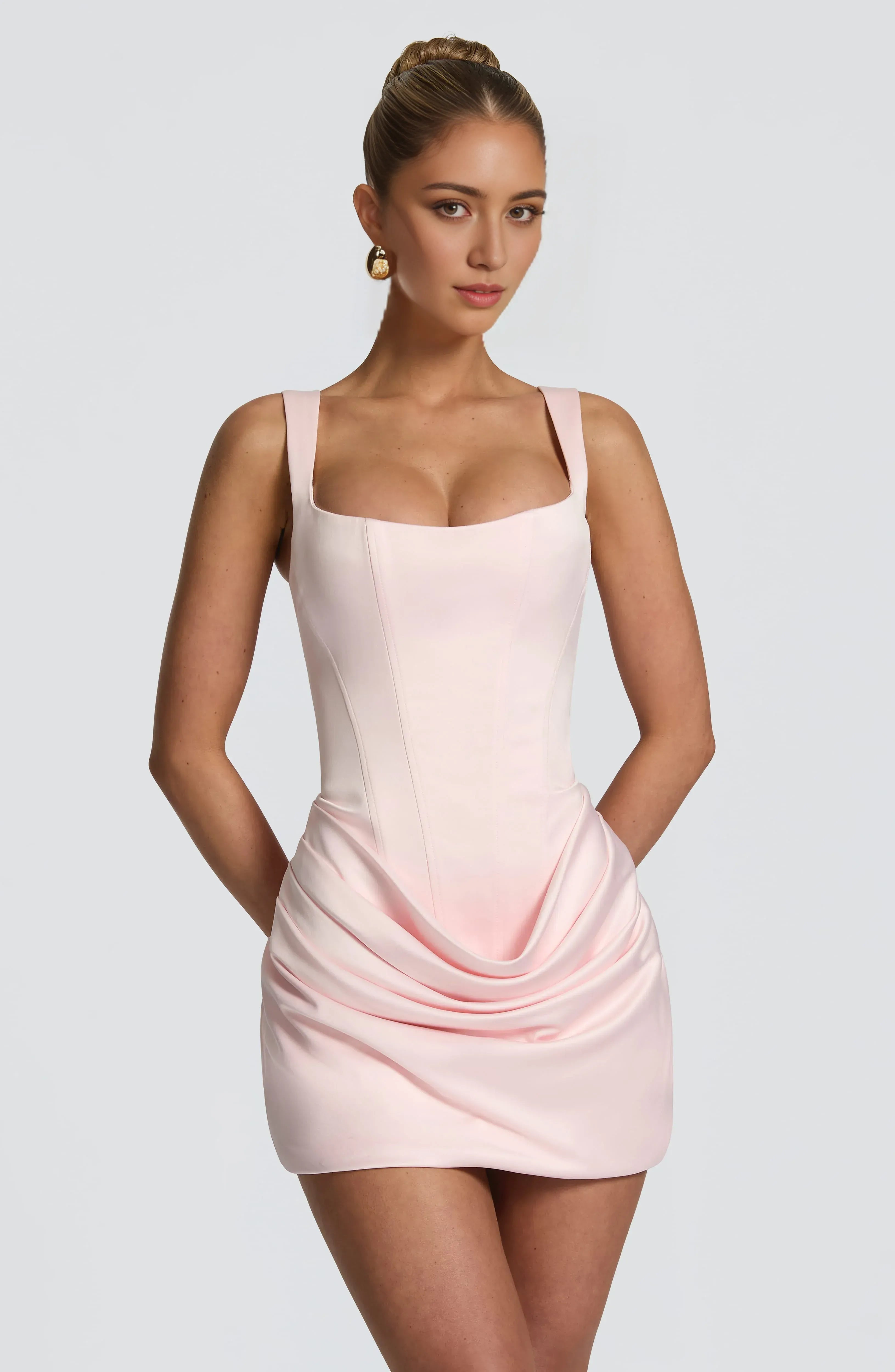 Elegant Fitted Square Neck Corset Cowl Satin Blush Pink Mini Homecoming Dress