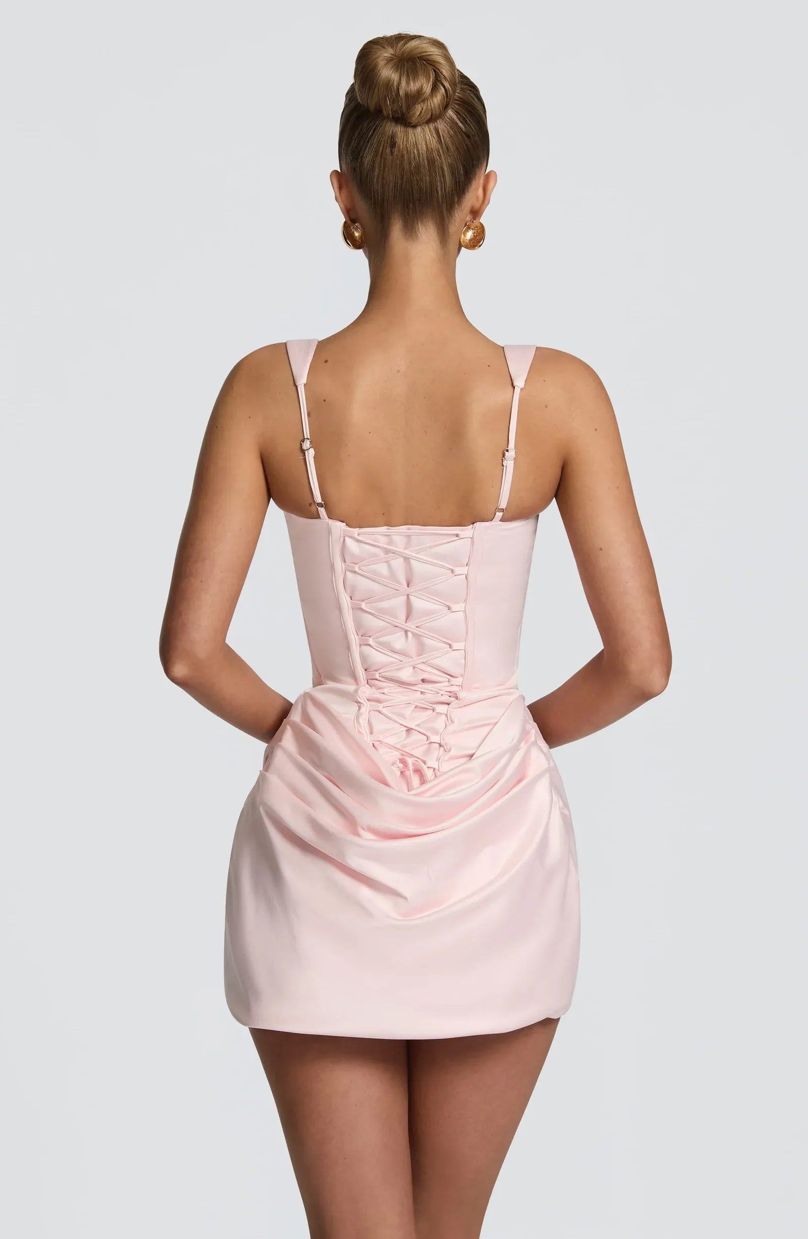 Elegant Fitted Square Neck Corset Cowl Satin Blush Pink Mini Homecoming Dress