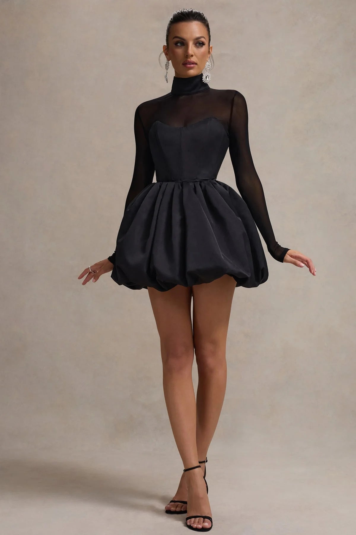 Elegant High-Neck Long Sleeve Sheer Black Mini Homecoming Dress With Bubble Hem