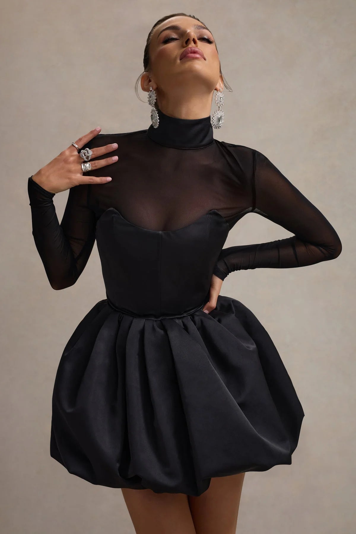 Elegant High-Neck Long Sleeve Sheer Black Mini Homecoming Dress With Bubble Hem