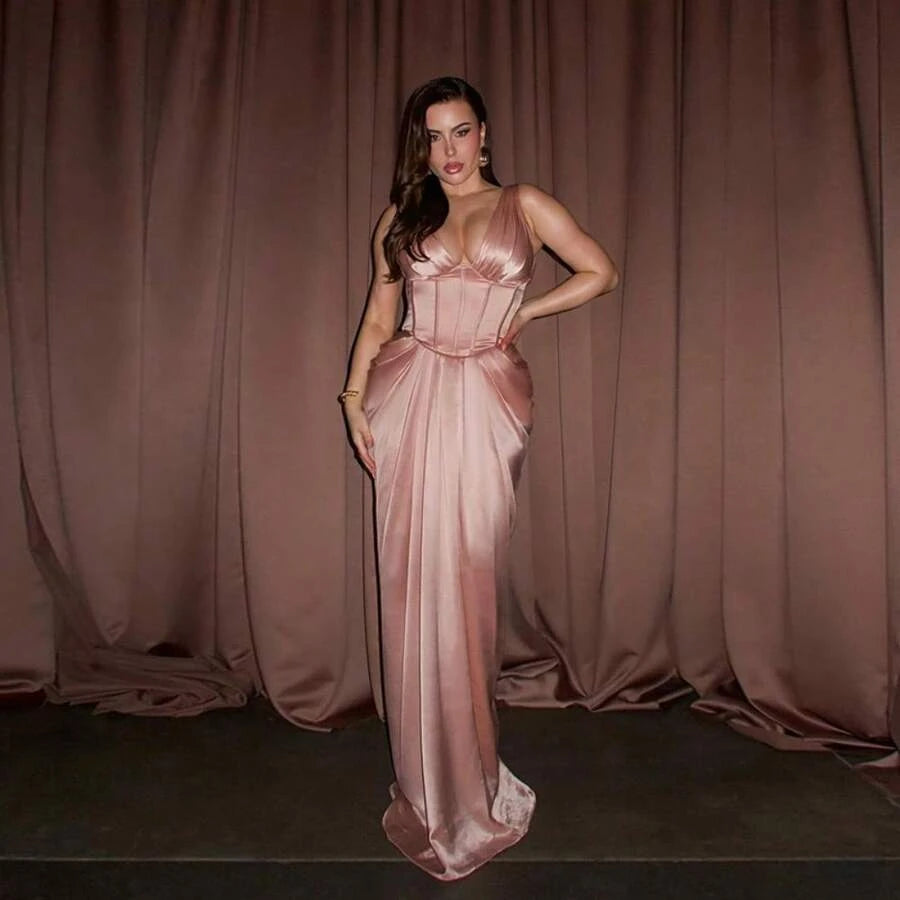 Elegant Mermaid Halter Corset Draped Satin Rose Gold Floor-Length Prom Dress