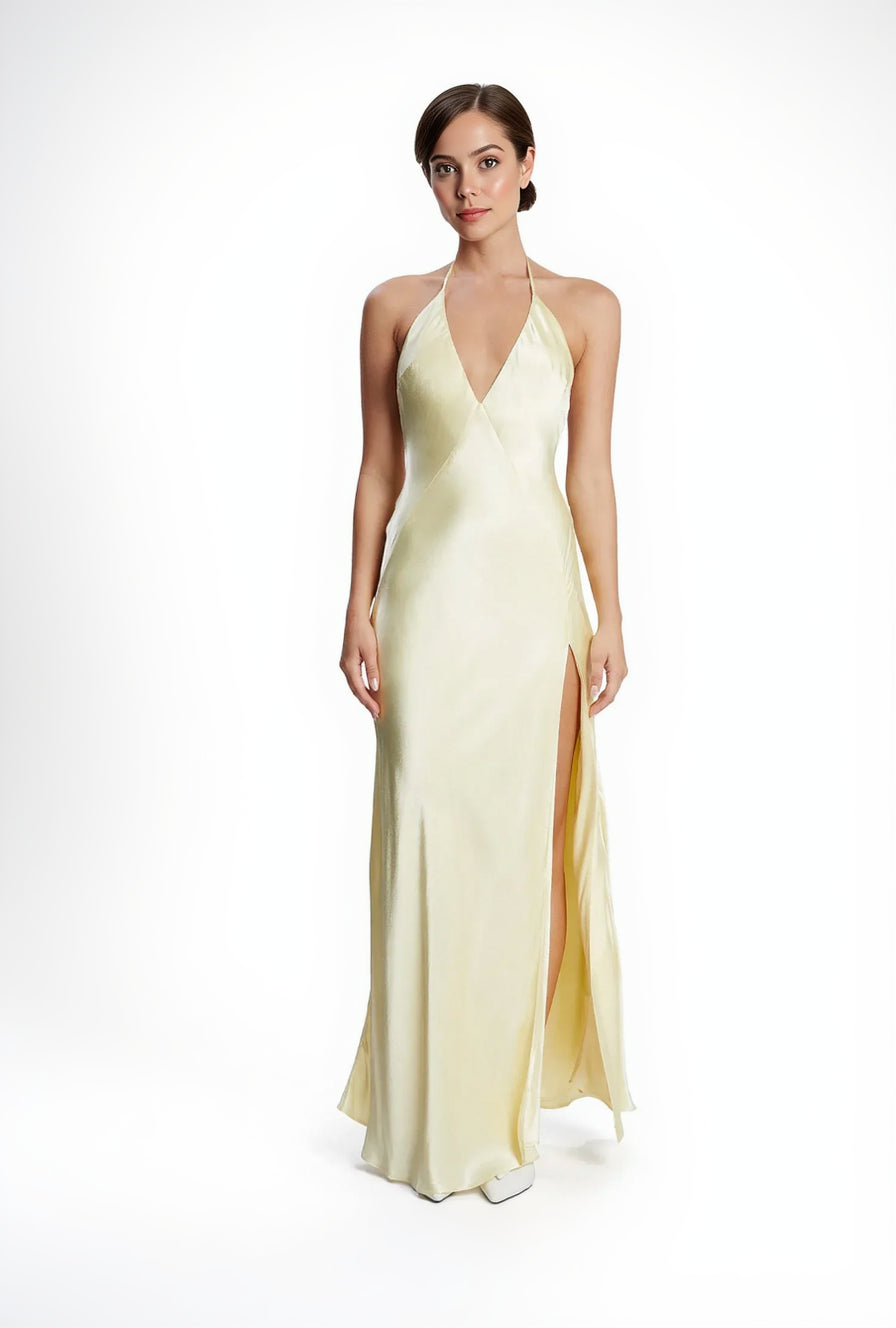 Elegant Mermaid Halter V-Neck Slit Yellow Floor Length Prom Dress With Button