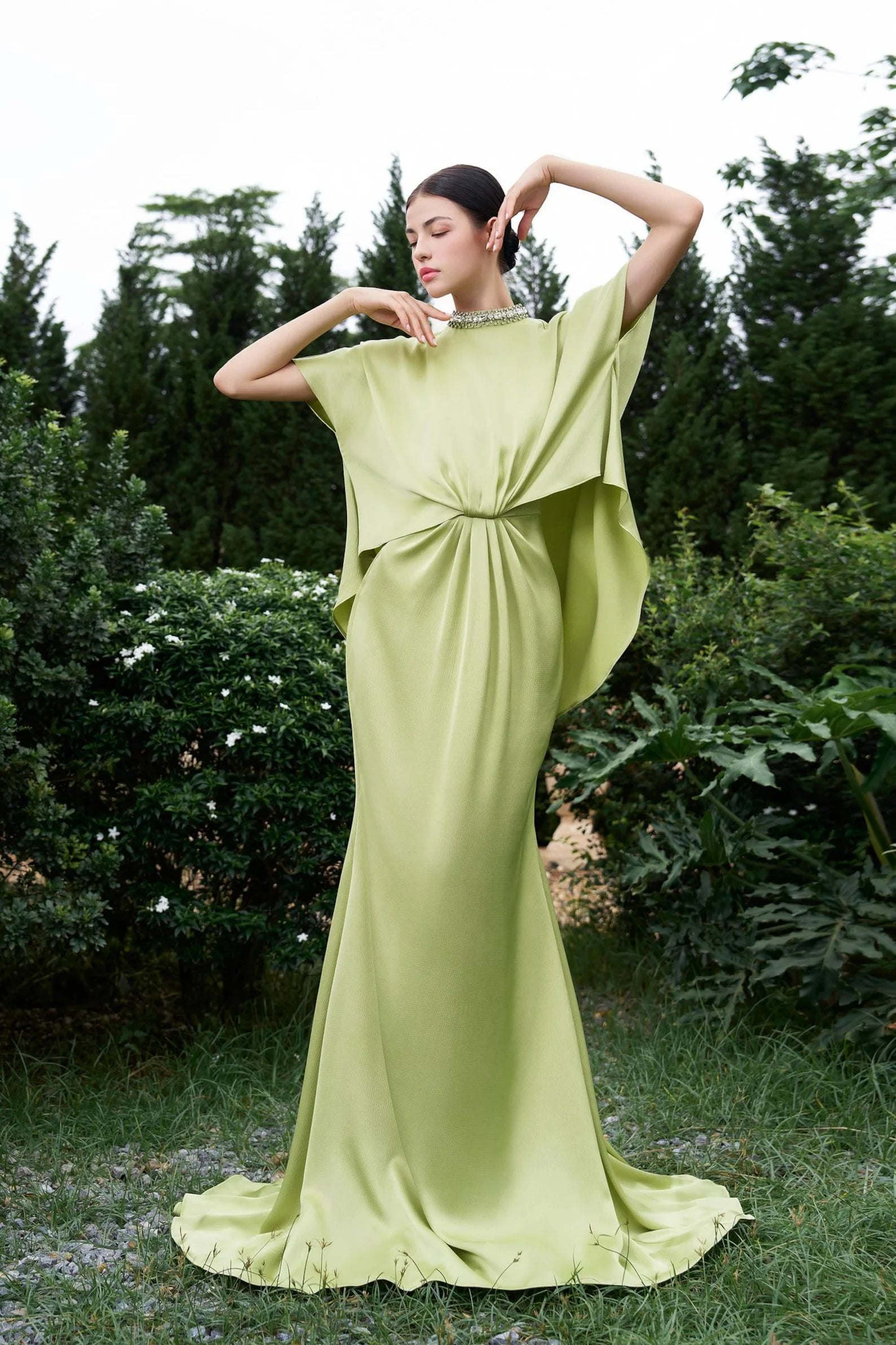 Elegant Mermaid High Neck Short Sleeve Beaded Lime Green Floor-Length Prom Dress