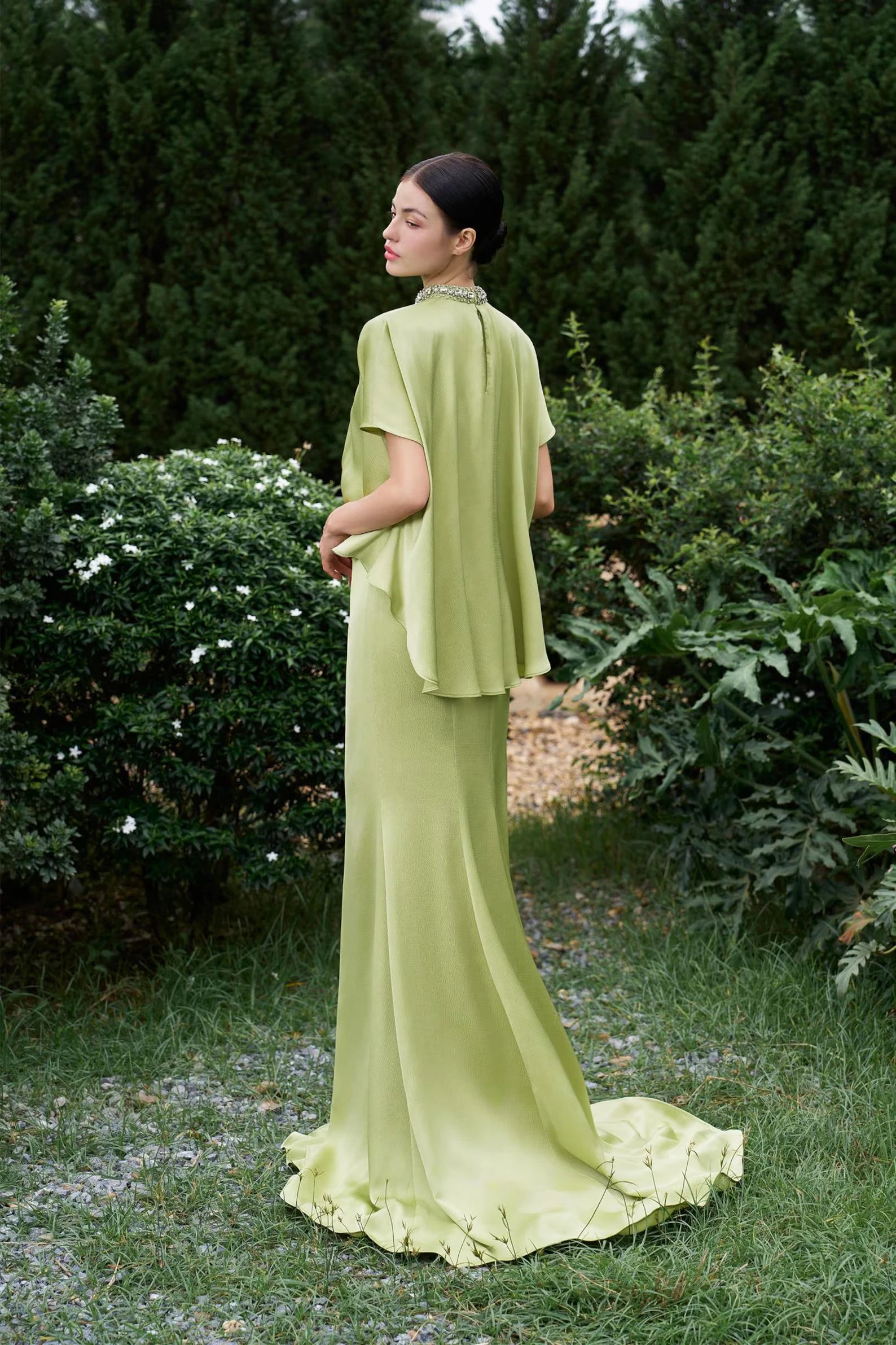 Elegant Mermaid High Neck Short Sleeve Beaded Lime Green Floor-Length Prom Dress