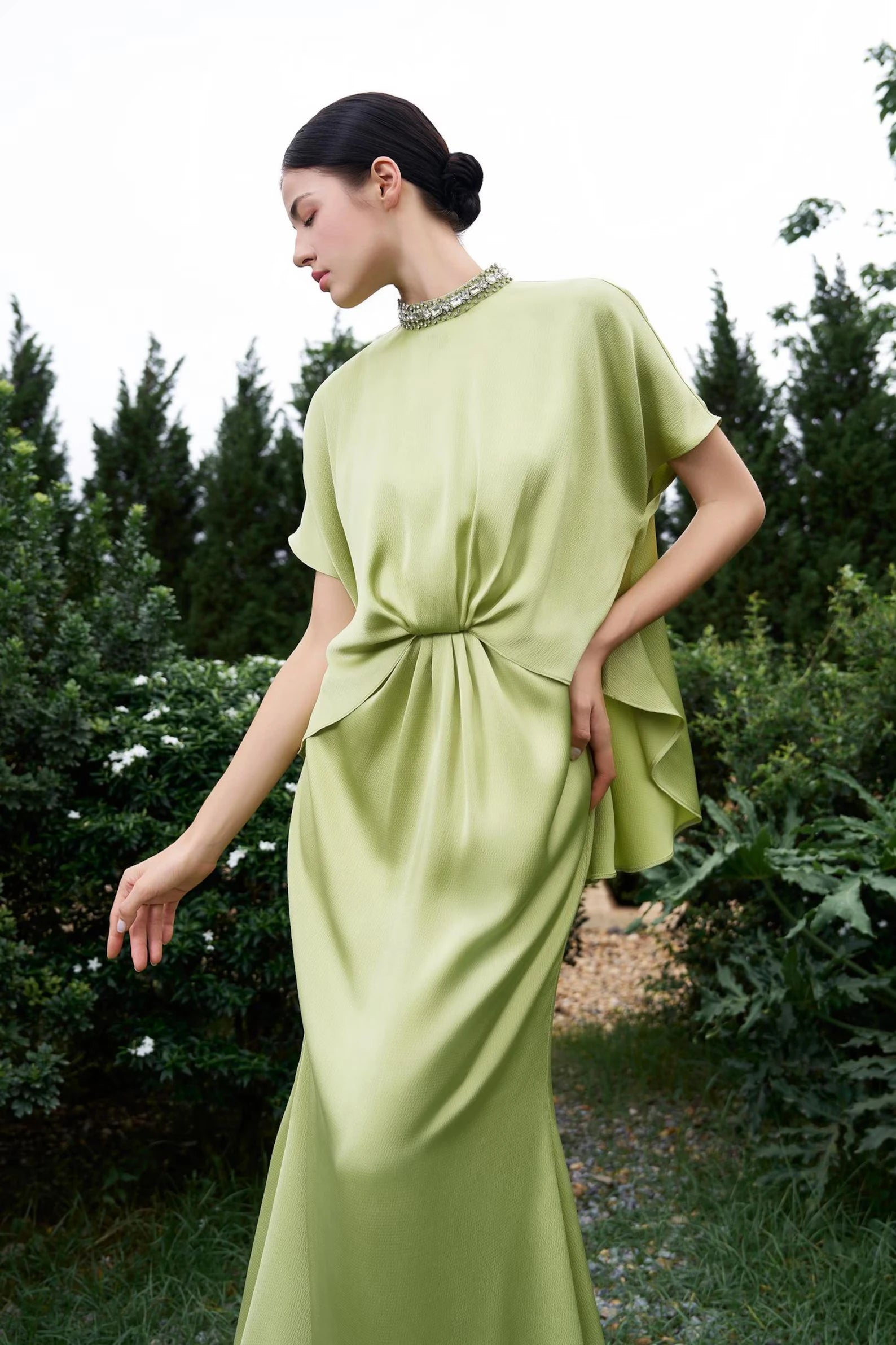 Elegant Mermaid High Neck Short Sleeve Beaded Lime Green Floor-Length Prom Dress